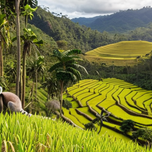 Home 4 **Madagascar: Unveiling Untapped Riches**
A wide shot of Madagascar's diverse landscape, featuring a curious lemur amidst a lush rainforest canopy on one side, transitioning into vibrant vanilla and rice fields with local farmers. In the distance, hint at mountainous terrain with a faint shimmer suggesting mineral wealth. The scene should convey both immense natural beauty and the vast, yet still developing, agricultural and mining potential, with warm, natural light illuminating the rich biodiversity and the human activity.