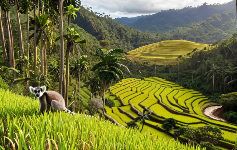 **Madagascar: Unveiling Untapped Riches**
A wide shot of Madagascar's diverse landscape, featuring a curious lemur amidst a lush rainforest canopy on one side, transitioning into vibrant vanilla and rice fields with local farmers. In the distance, hint at mountainous terrain with a faint shimmer suggesting mineral wealth. The scene should convey both immense natural beauty and the vast, yet still developing, agricultural and mining potential, with warm, natural light illuminating the rich biodiversity and the human activity.